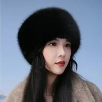Super Fashion Winter Snow Hat Faux Fur Thick Women Fluffy Fur Cap Ski Russian Windproof Hat Party Luxury Warm Fox Fur Cap Black 1