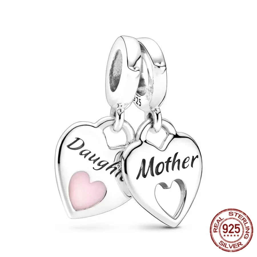 925 Sterling Silver Mom Letters Heart Double Dangle Charm Bead Fit Original Pandora Bracelet Fashion Jewelry Gift For Women