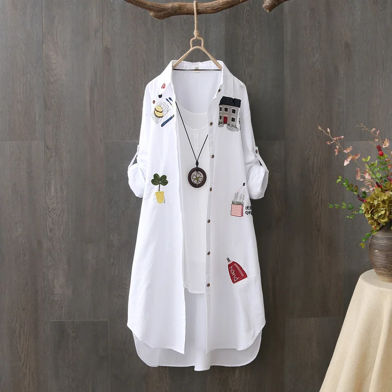 Women Cotton Embroidery Loose Long White Shirts 2025 Spring Autumn New Casual Office Lady Blouse Female Top Loose shirt