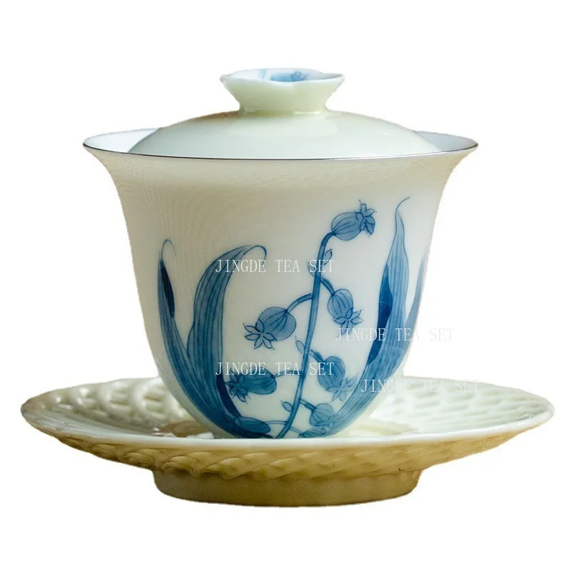 Jingdezhen Ceramic Bowl Cover Round Tea Bowl Chinese Bell Orchid Tea Maker Underglaze Colour White Gaiwan