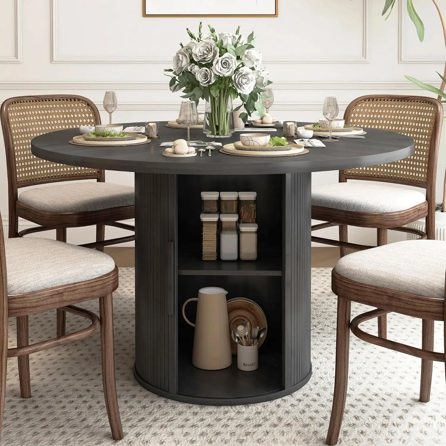 47 inch Round Dining Table for 4, Kitchen Table Dinner Table with 2-Layer Storage Shelf and Wood Slide Door for Home Dining