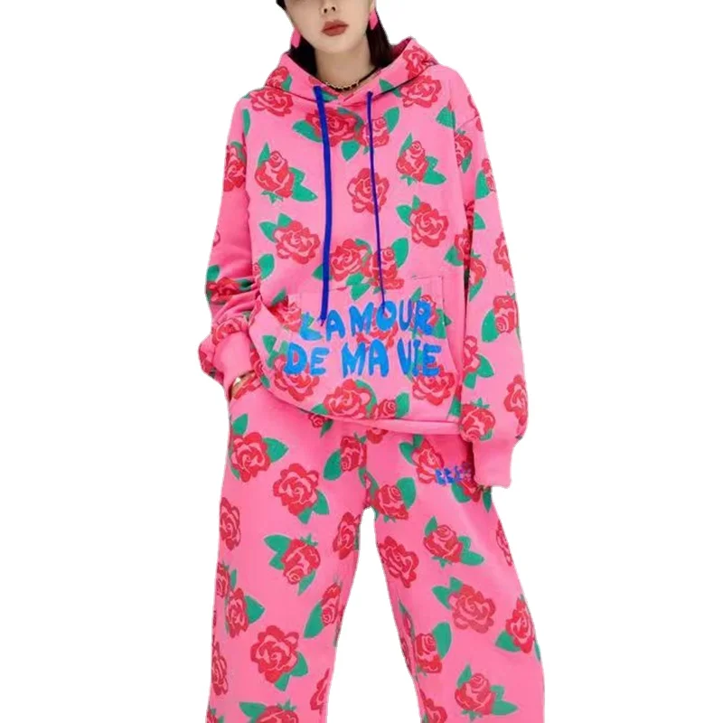 

Women Tracksuit Hoodies Casual Rose Long Sleeve Pink Hooded Sportswear Suit Hoody Pullovers Long Pant Two Pieces Sets XC202