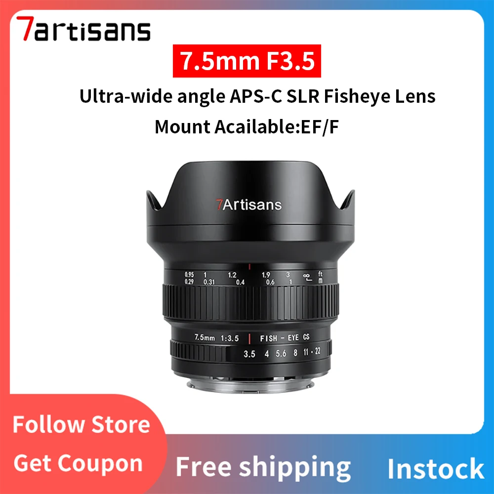 7artisans 수동 초점 광각 APS-C DSLR SLR 어안 카메라 렌즈, 캐논 600D SL3 EOS 90D 니콘 F D7100 D750, 7.5mm F3.5