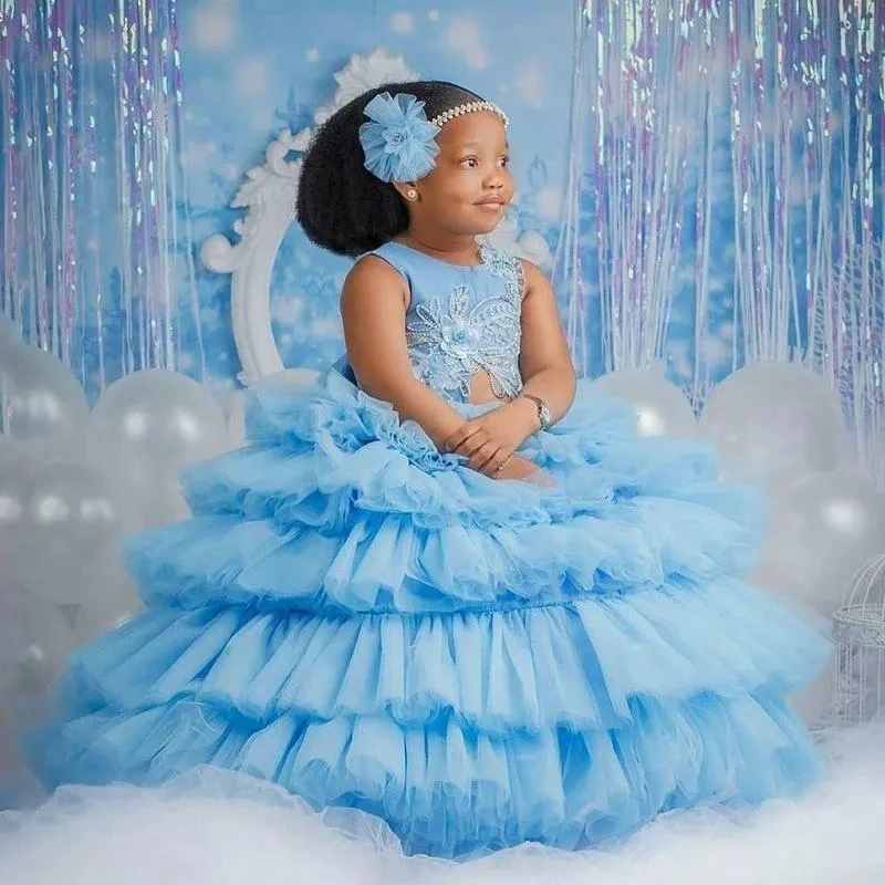 Maysaa Girls Blue Floral Tulle Party Dress – Layered Princess Gown