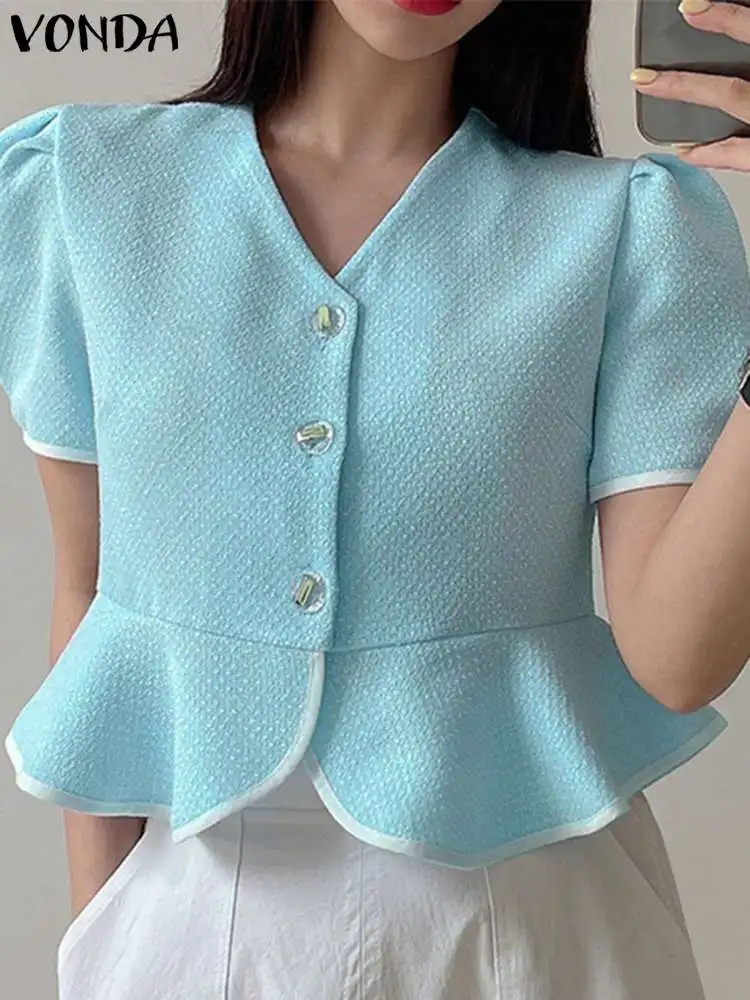 

VONDA Elegant Women V-neck Shirts Short Sleeve Tops 2023 Summer Casual Solid Color Loose Blouse Ruffled Party Blusas Femininas