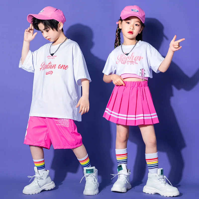 

Boys Hip Hop Pink Shorts Girls Crop Top Cargo Pant Kids T-shirt Skirt Street Dance Clothes Sets Child Jazz Streetwear Costumes