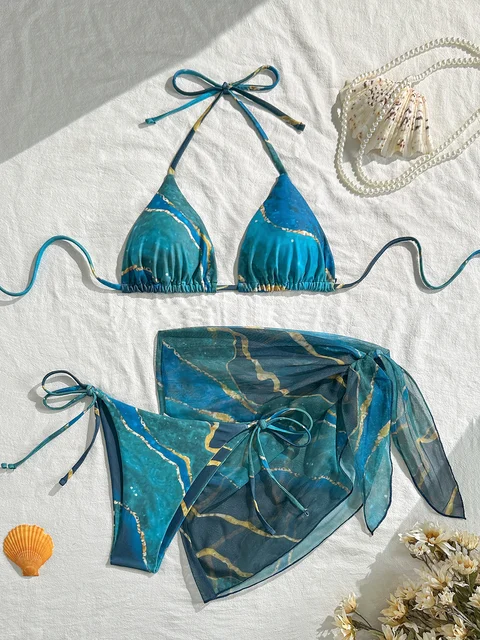 Women's Three-Piece Swimsuit Set, Blue Marble Print Sexy Bikini with Tie-Up Triangle Top, Tie-Up Triangle Bottoms, Mesh Skirt, Wrap Skirt, Beach Swimwear