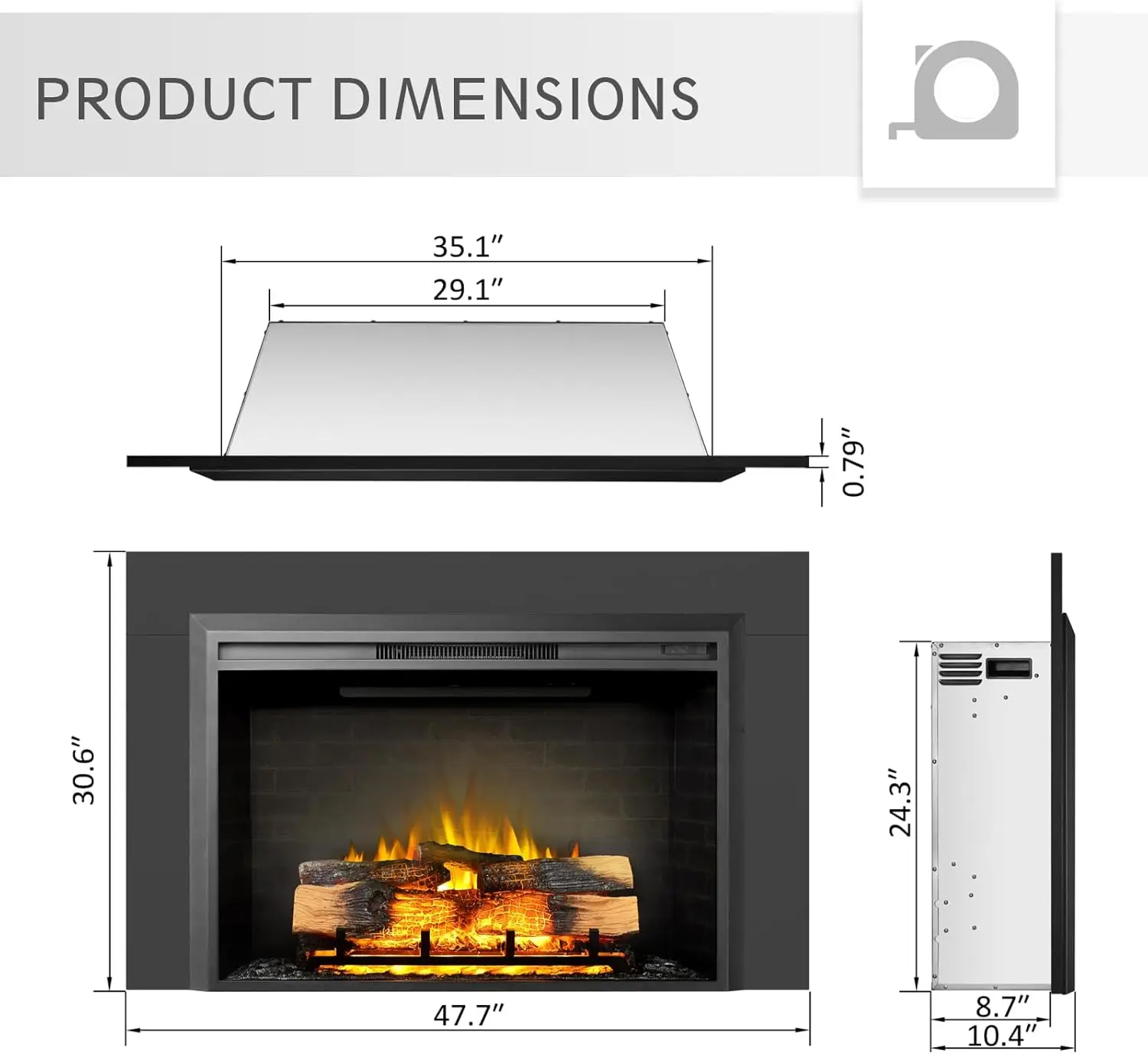 Carl 39 Inches with Trim Kit Electric Fireplace Insert Fireplace Heater 750/1500W Fire Crackling Sound Remote Control Black 3