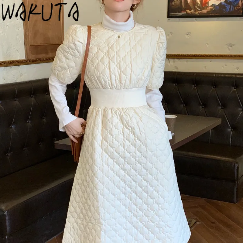 

WAKUTA New Arrival Korean Ladies Dress Elegant Slim Rhombus Pattern Sashes Short Puff Sleeve Long Dresses Stylish Outerwear