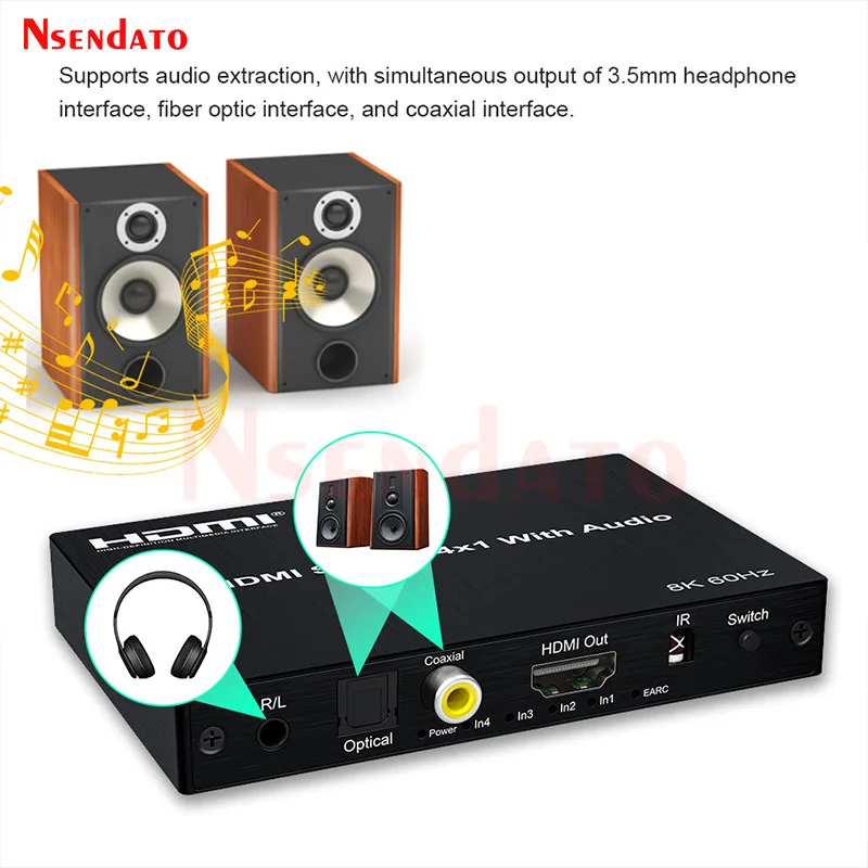 HDMI HDR Switcher 8K 60Hz 4K@120Hz 4x1 HDMI Audio Extractor Support EARC ARC With 3.5mm optical fiber coaxial For PS5 XBOX TV PC