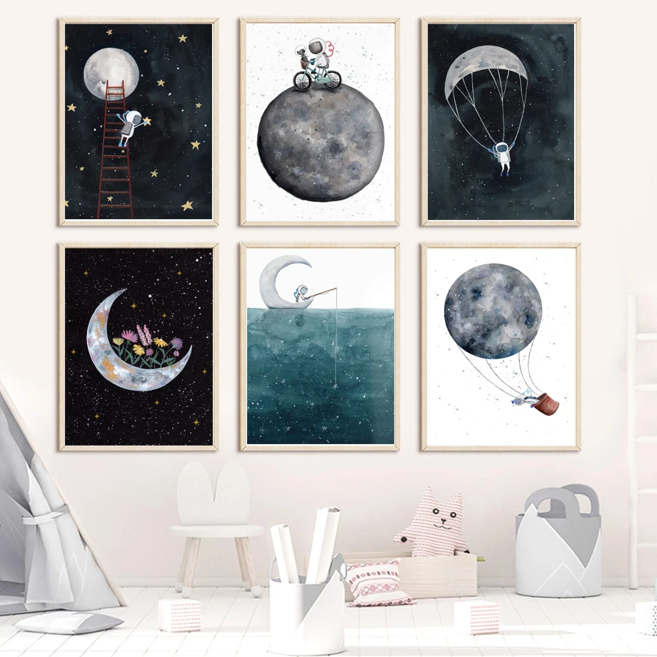 

Cartoon Space Astronaut Moon Stars Boy Wall Art Canvas Painting Nordic Posters And Prints Wall Pictures For Baby Kids Room Decor