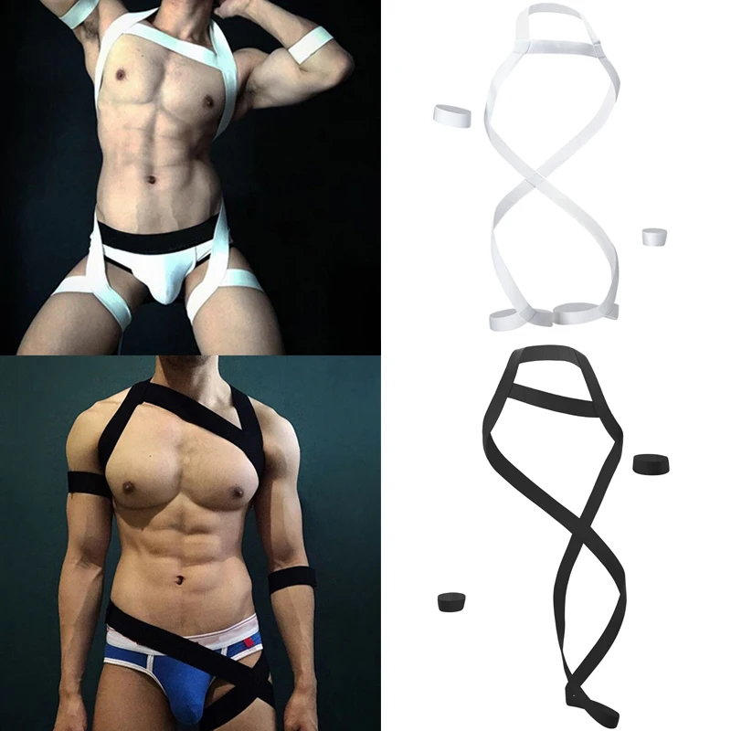 2 Style Sexy Men's One-Piece Chest Harness Bondage Straps Elastic Halter Lingerie Leg Restraint Belt with Arm Wrist Band