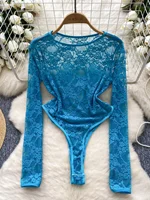 Foamlina American Women's Clothing Sexy Perspective Crochet Lace Bodysuit Women's Elastic Slim Inside Long-sleeved Top T-shirt - Image 3