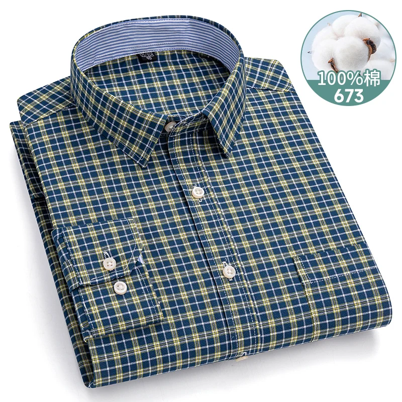Men's Long Sleeve Plaid Oxford Shirt - 100% Cotton, Regular Fit, Casual & Formal Wear