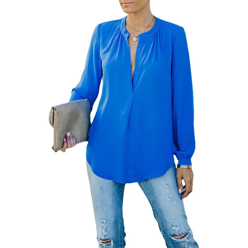 Elegant Chiffon Solid Half Placket V-Neck T-Shirt Women's 2022 Autumn Winter Pleated Loose Casual Long Sleeve Pullover Tees Tops