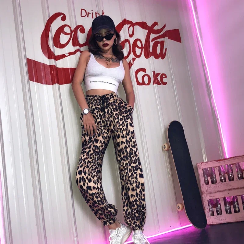 Autumn and Winter Women's 2023 Fashion Trendy Street Style Leopard Print Lace-up Mid-waist Straight-leg Pants Casual Trousers