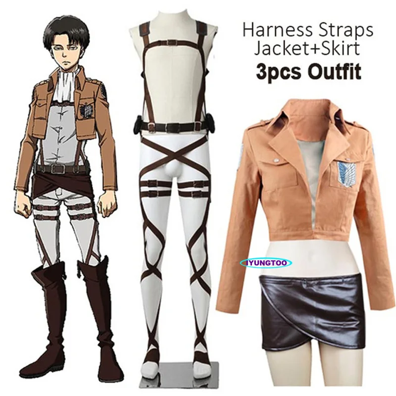 

Hot Anime Attack on Titan Cosplay Shingeki no Kyojin Jacket Recon Corps Leather Skirt Hookshot Belts Suspenders Ackerman Costume