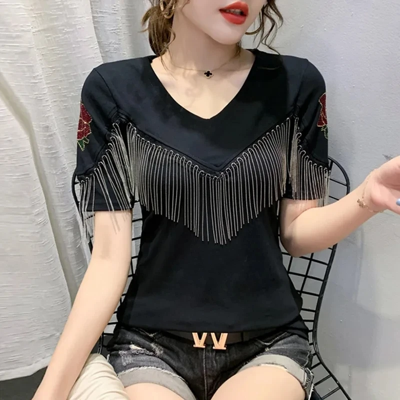 

Tassel T Shirt Women Harajuku Rose Hot Drill Short-sleeve V Neck Slim Black Tops 2022 Summer Korean Fashion Camisetas De Mujer