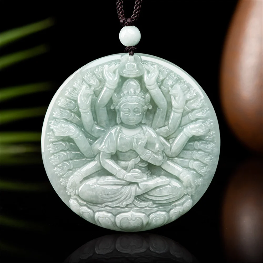 

Natural Green Jadeite Carved Thousand Hand GuanYin Lucky Pendant Amulet Necklace Certificate Luxury Jade Vintage Gift Jewelry