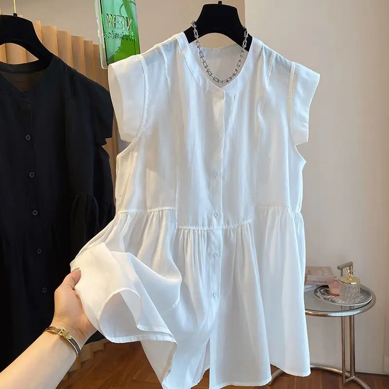 2024 Summer New Women's Korean Commuter Blouse Crew Neck Button Spliced Shirring Elegant Loose Sleeveless Midi Shirt Tops