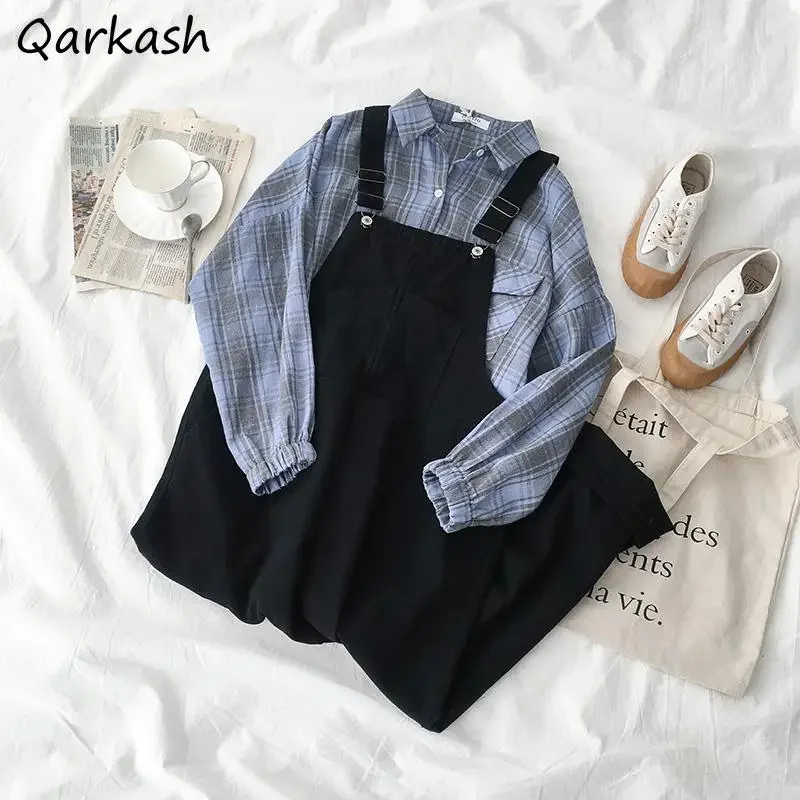 

Женские комплекты, Весенняя клетчатая рубашка с длинным рукавом, Свободный Длинный комбинезон в японском стиле Харадзюку, для отдыха, винтажный, милый, для студентов, популярный