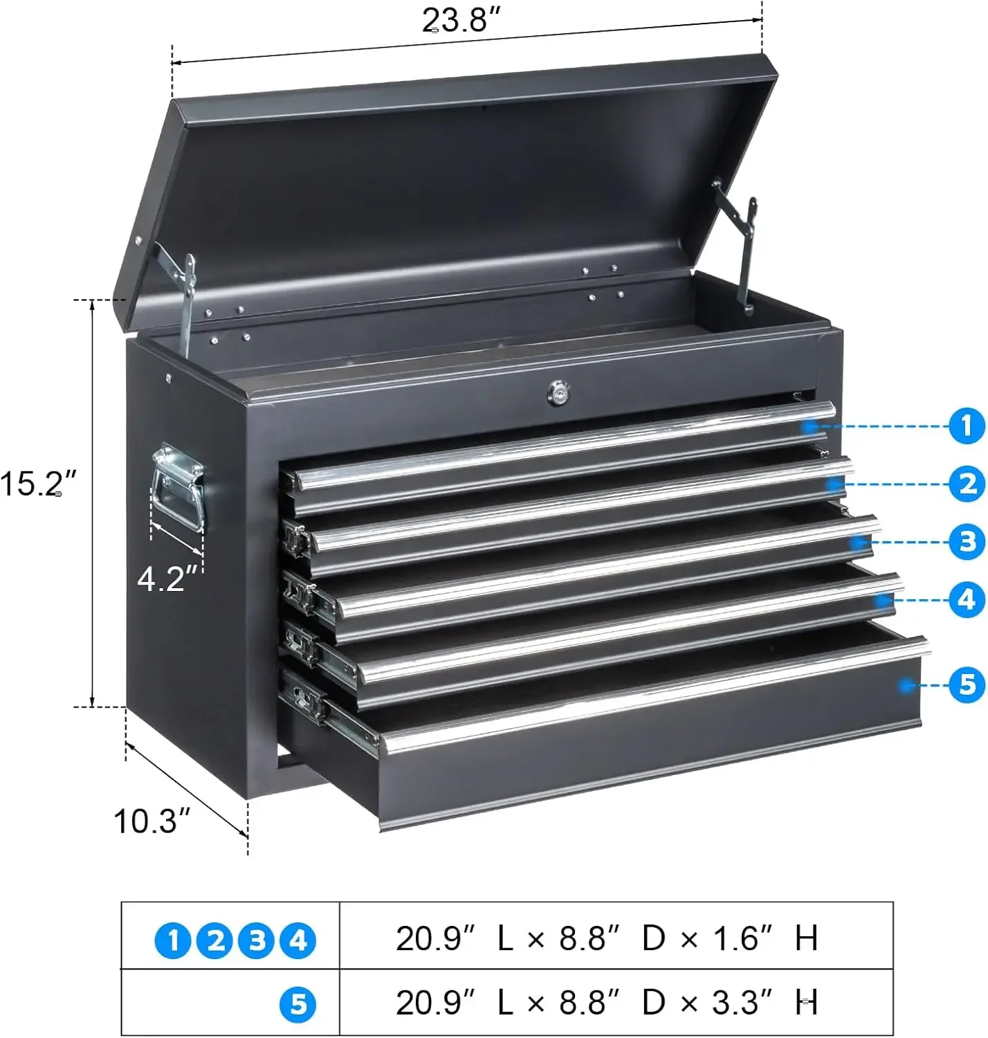 24" Portable Tool Box, 5 Drawers & Top Storage Tray Tool Box with Drawers, Lockable Metal Tool Chest Cabinet for Garage 3