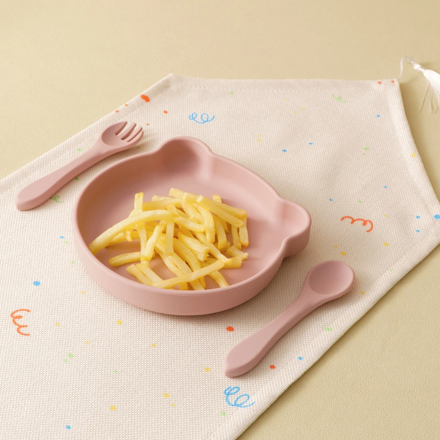 3PCS Silicone Baby Dishes Soft Spoon Fork Cartoon Bear Plate Suction Lunch Box Solid Color Baby Food Storage Toddler Tableware 4