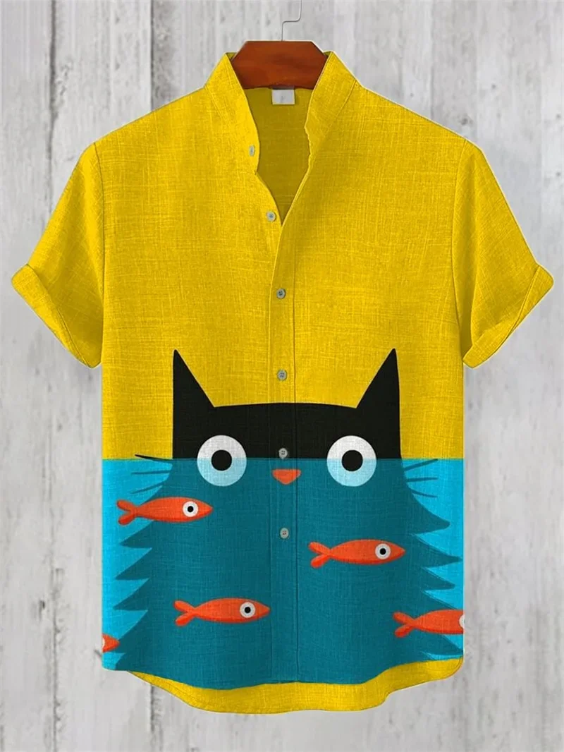 Linen men's fashionable casual shirt short sleeved top 3D printed pattern clothing 2025 Hawaii shirt men's social shirt premium