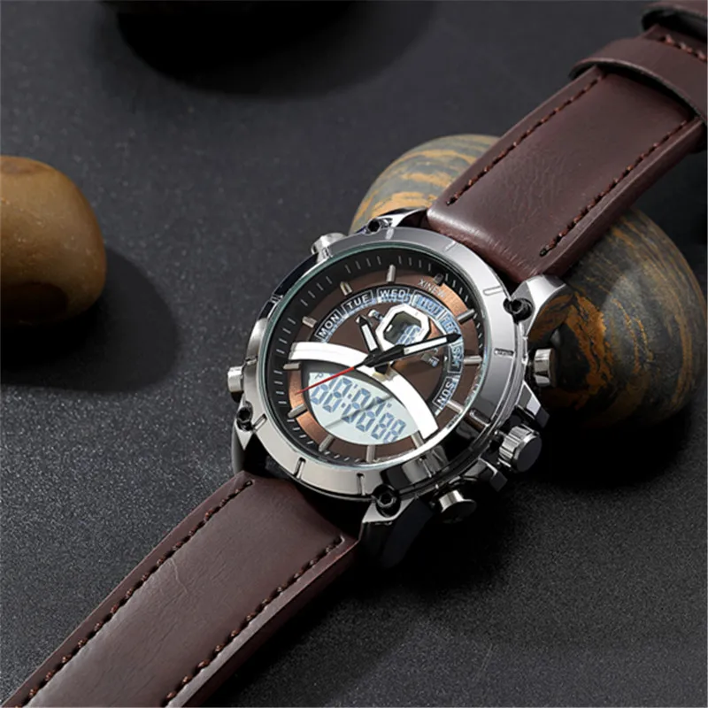 Men Big Brand XINEW Watches Students Fashion Leather Band Sports Multi-function Dual Time Chronograph Watch Relogio Masculino