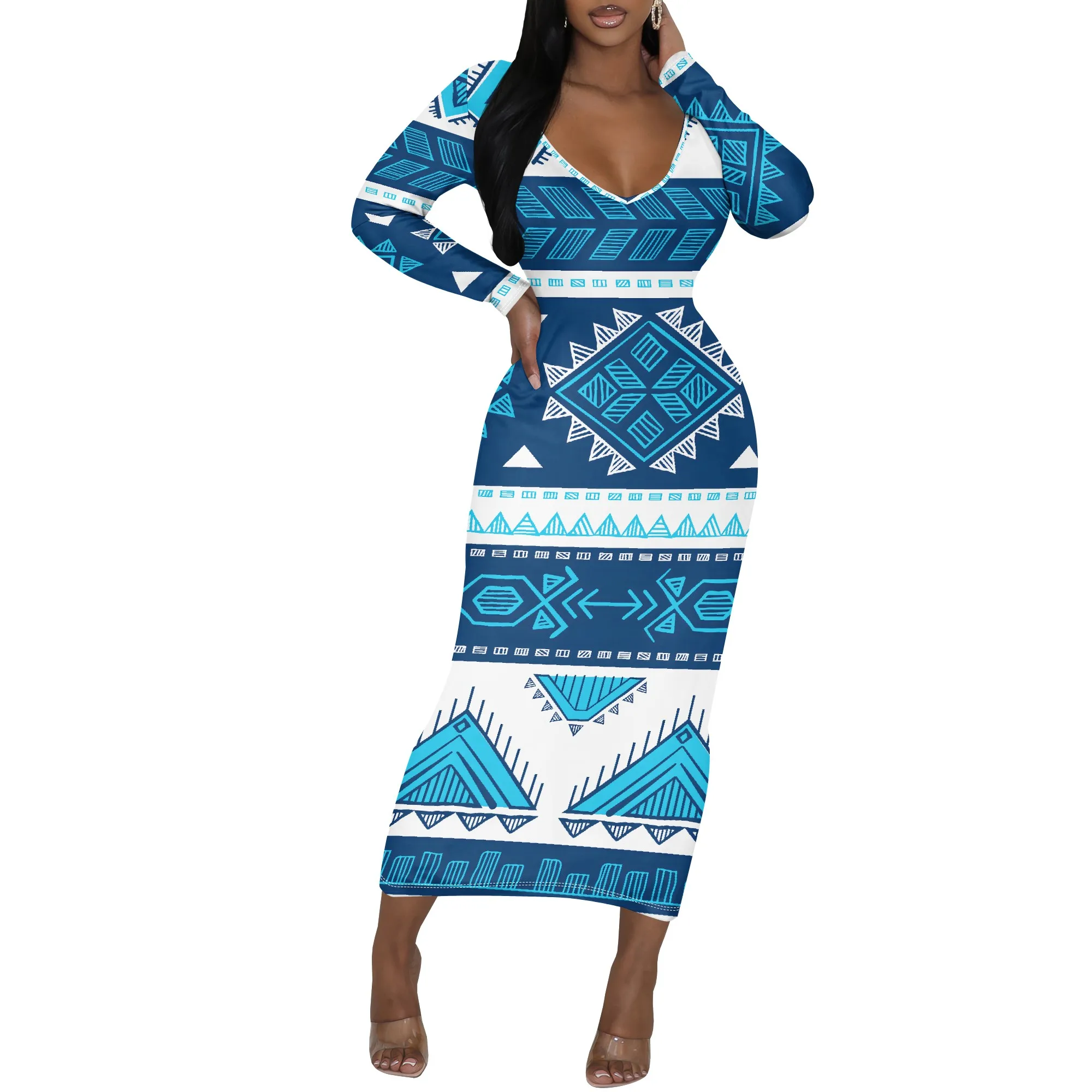 Damen-Kleid mit langen Ärmeln, 3D-Druck, geometrisch bedruckt, gestreift, sexy, langärmelig – Detail 8