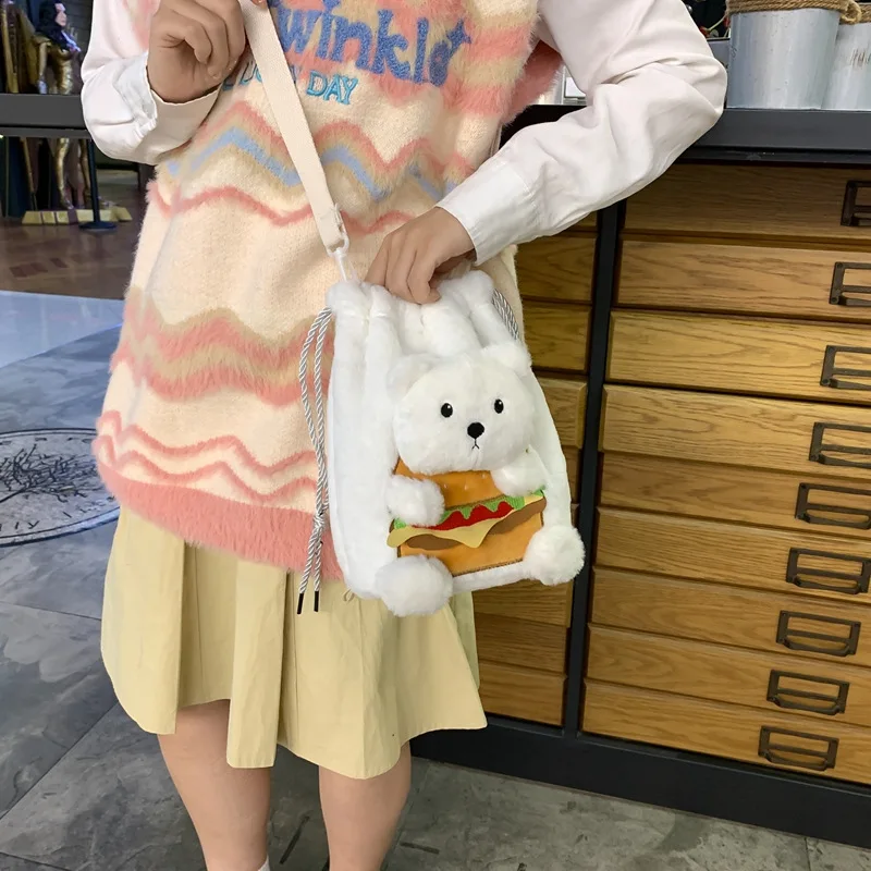 Women's Shoulder Bag Plush Soft Cute Mini Bear Cartoon Drawstring Crossbody Bucket Bag Large Capacity Casual Commuter Shopping