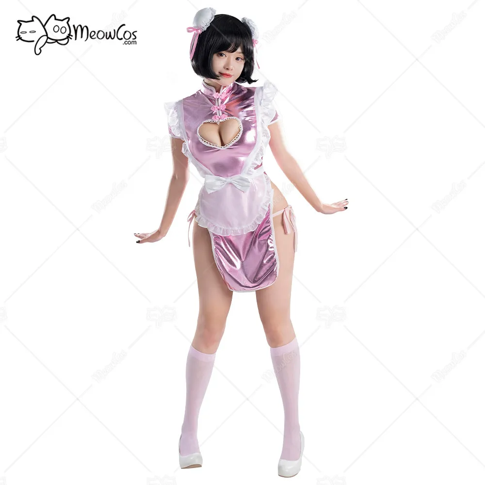 

Women's Sexy Lingerie Set Pink White Maid Style Chest Open Cheongsam Dress with Apron Thong