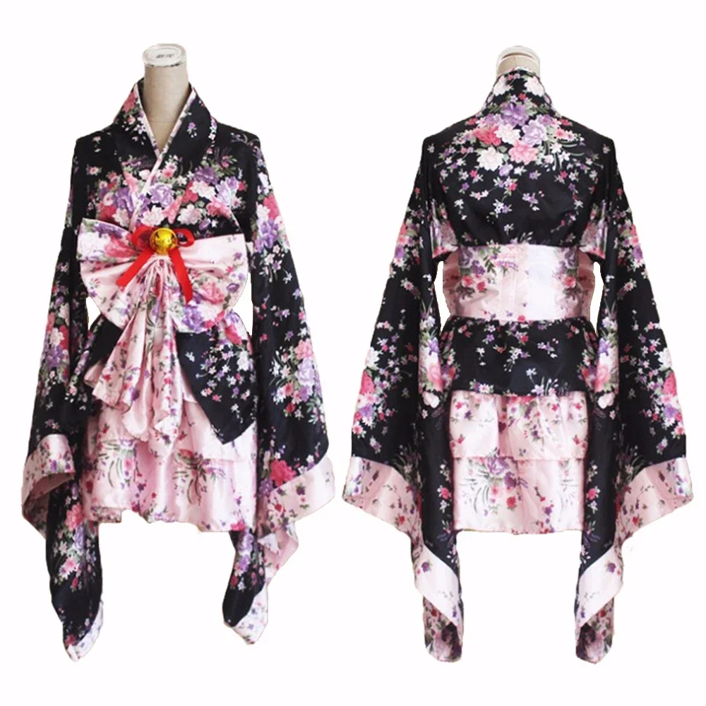 japanese kimono sakura printed lolita pink short sexy layered skirt maid cosplay costume halloween fancy dress for women Japanese Kimono Sakura Printed Lolita Pink Short Sexy Layered Skirt  Maid Cosplay Costume Halloween Fancy Dress for Women