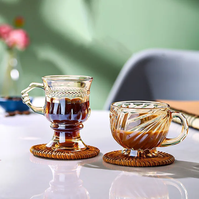 Tasse à café au latte à jambes hautes avec poignée, tasse en verre gaufré  vintage INS, beau coeur girly, prise de thé de l'après-midi, norme de l'eau  - AliExpress