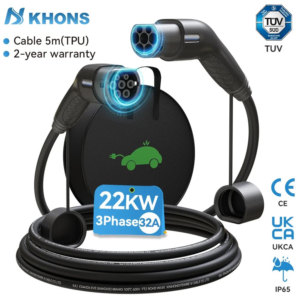 Cable de carga Khons EV Type2 a Type2 Cable cargador 22kw 32A cargador EV enchufe hembra a enchufe macho Cable de carga EVSE 5M TPU