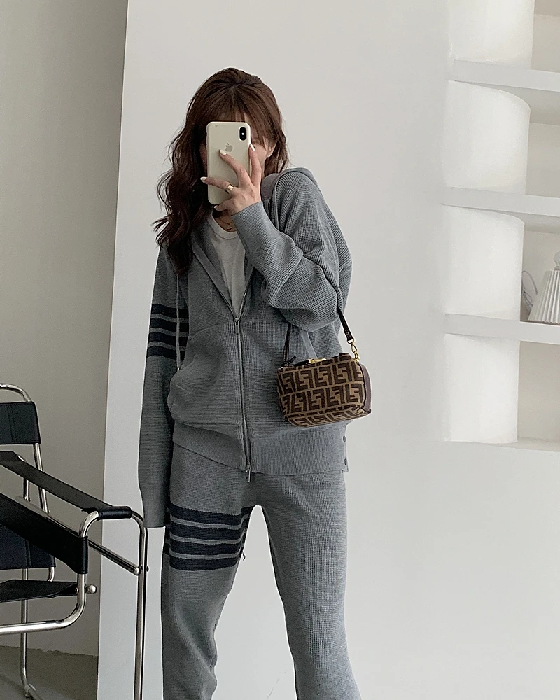 TB 와플 두꺼운 정장 슬림한 4 바 후드 가디건 재킷 여성용, 캐주얼 작은 다리 스웨트 팬츠