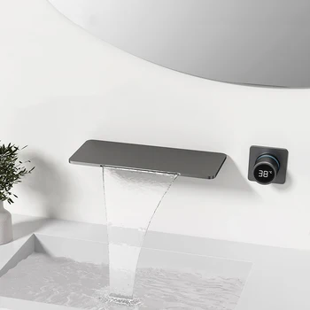 ก๊อกน้ำอ่างล้างหน้าแบบฝังผนัง รุ่นหรูหรา สีเทาปืน ยี่ห้อ Farrete พร้อมฟังก์ชั่นน้ำตกแบบซ่อน แสดงผลดิจิตอล น้ำร้อนน้ำเย็น สำหรับอ่างอาบน้ำ 1