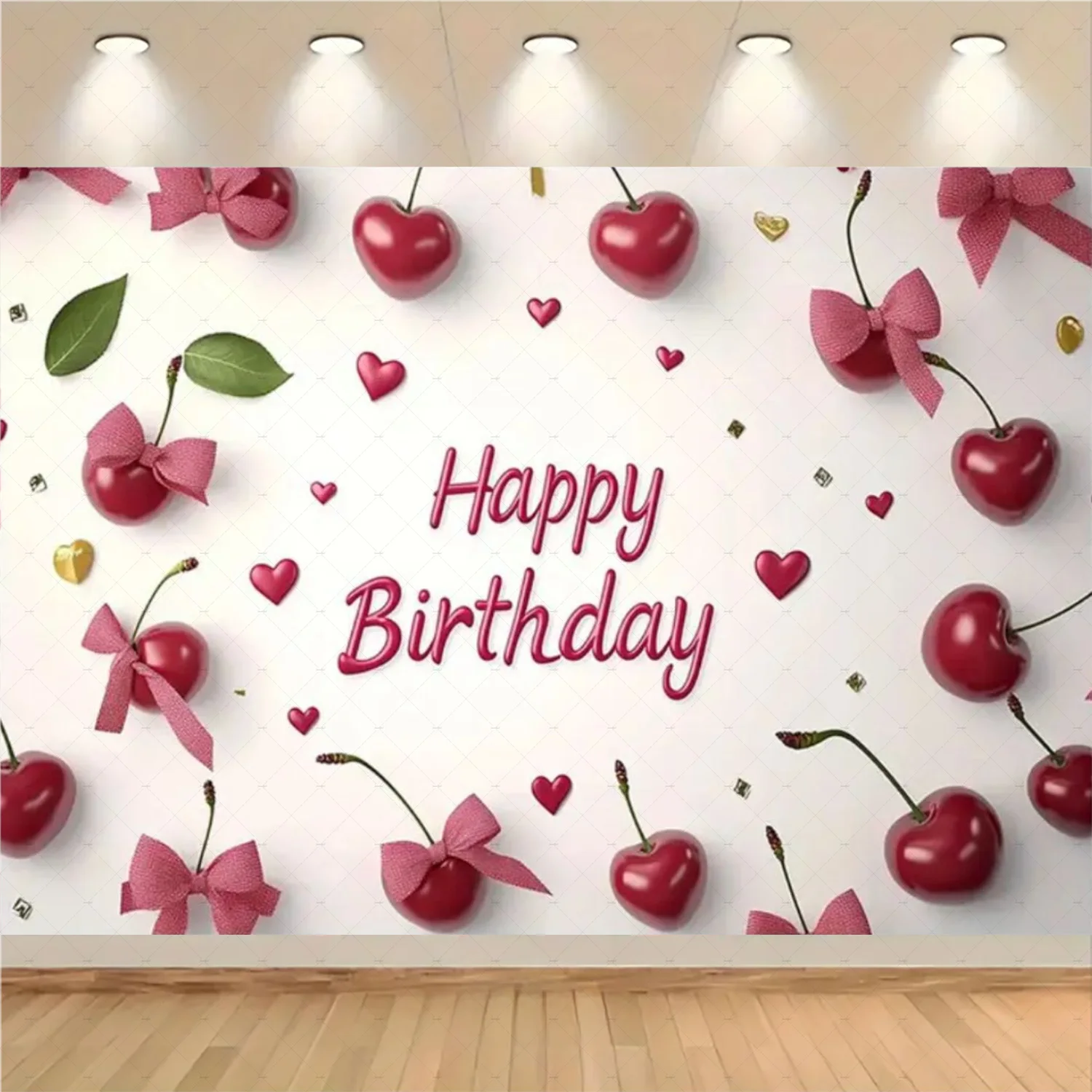 Rosa Kirsche alles Gute zum Geburtstag Hintergrund Gitter Kirschen Schmetterling Schleife Schatz Mädchen Kuchen Party Dekorationen Baby Dusche liefert – Detail 11