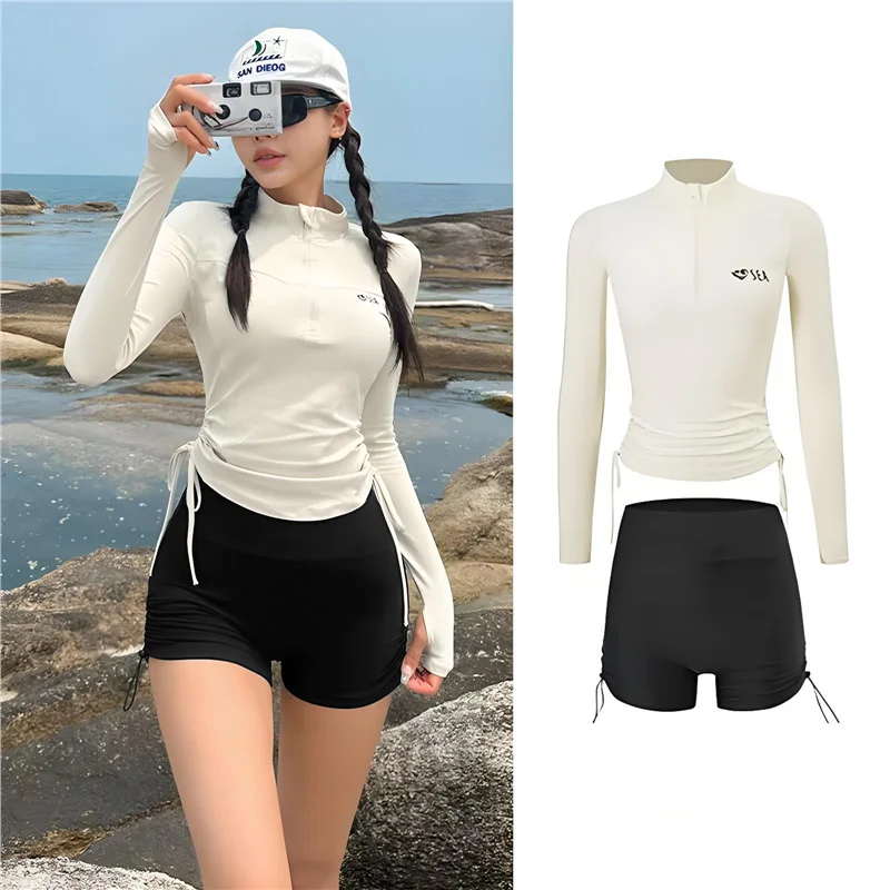 Maiô F de Duas Peças com Manga Longa, Roupa de Banho Térmica, Design Conservador para Natação e Esportes Aquáticos