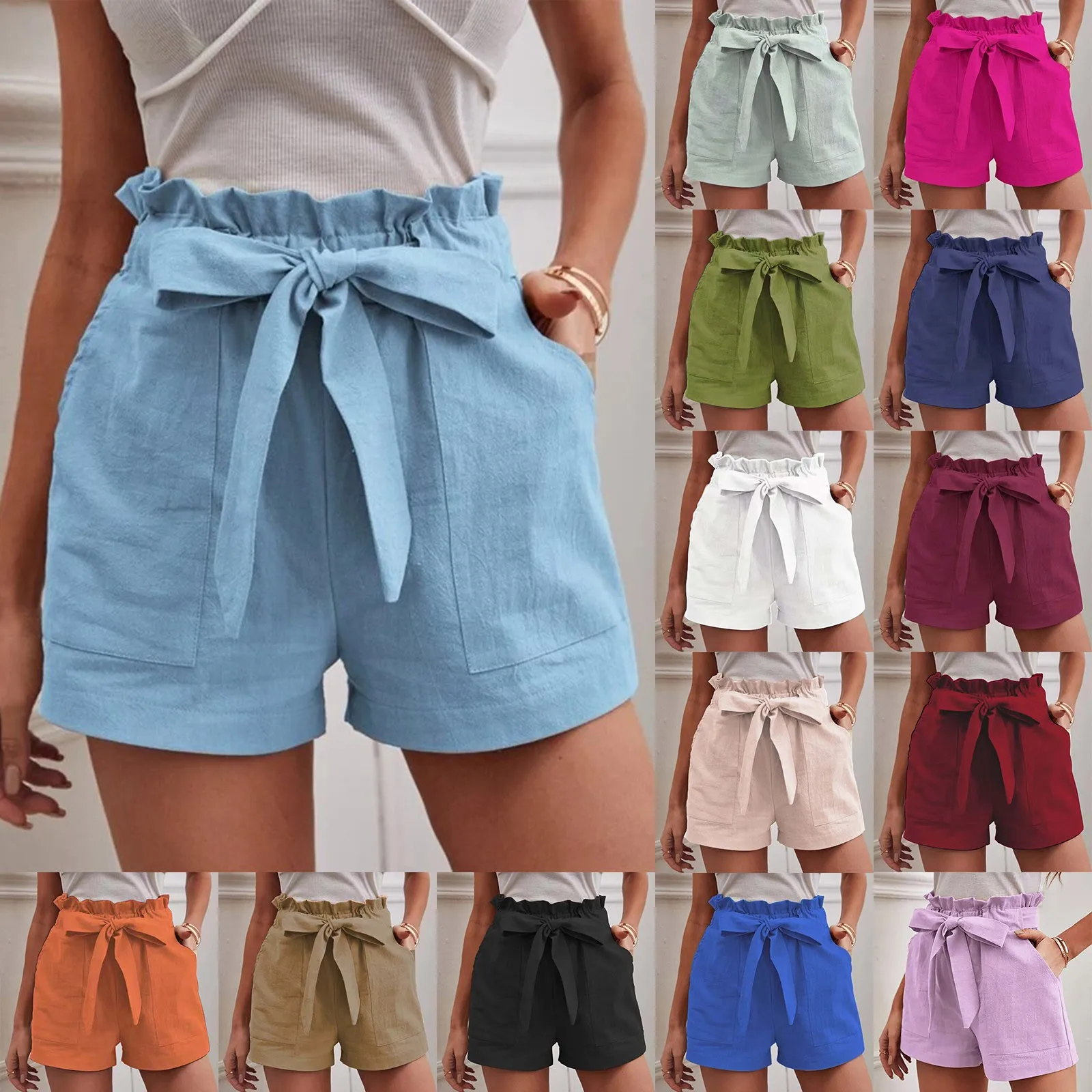 

Шорты женские плиссированные с эластичным поясом, повседневные короткие мини-штаны с оборками, на шнуровке, с карманами, с широкими штанинами, весна-лето