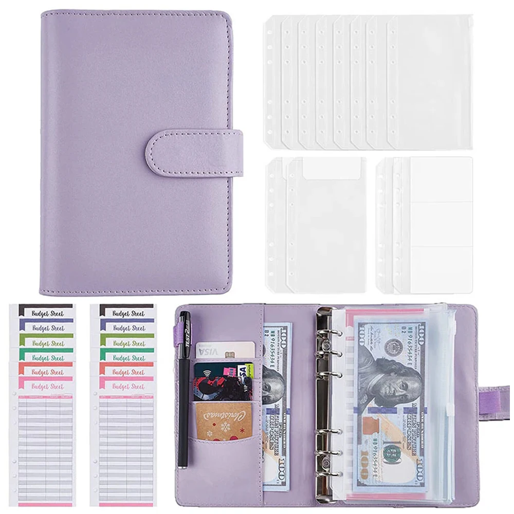 A6 PU Leather Budget Binder Notebook Cash Envelopes System Set with Binder Pockets for Money Budget Saving Bill Organizer money budget binder