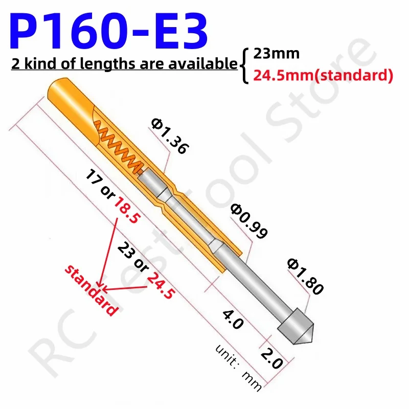 

100pcs Pogo Pin P160-E3 Spring Test Probe P160-E Nickel Plated Test Pin Needle Head Dia 1.80mm 23mm or 24.5mm Pin Dia 1.36mm