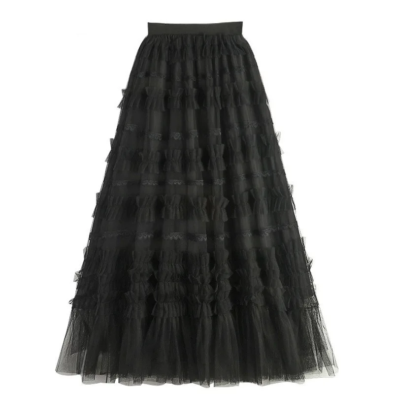 

Fashion Sweet Pleated Black Long Skirts for Women High Waist Lace Patchwork A-line Fairy Skirt Korean Style Faldas Para Mujeres
