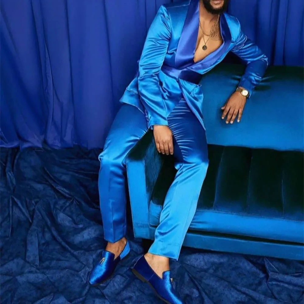 Fashion Italian Silver Men Suits Satin Slim Fit Royal Blue Shiny Groom Prom Wedding Tuxedo Tailored Blazer Sets Costume Homme