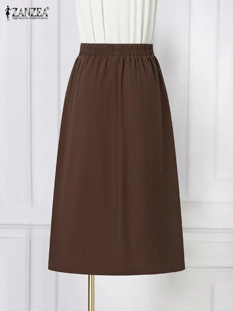 ZANZEA Holiday Midi Skirt Elastic Waist Side Pockets Faldas Saias Jupe 2023 Summer Women Cotton Skirt Casual Solid A Line Skirts