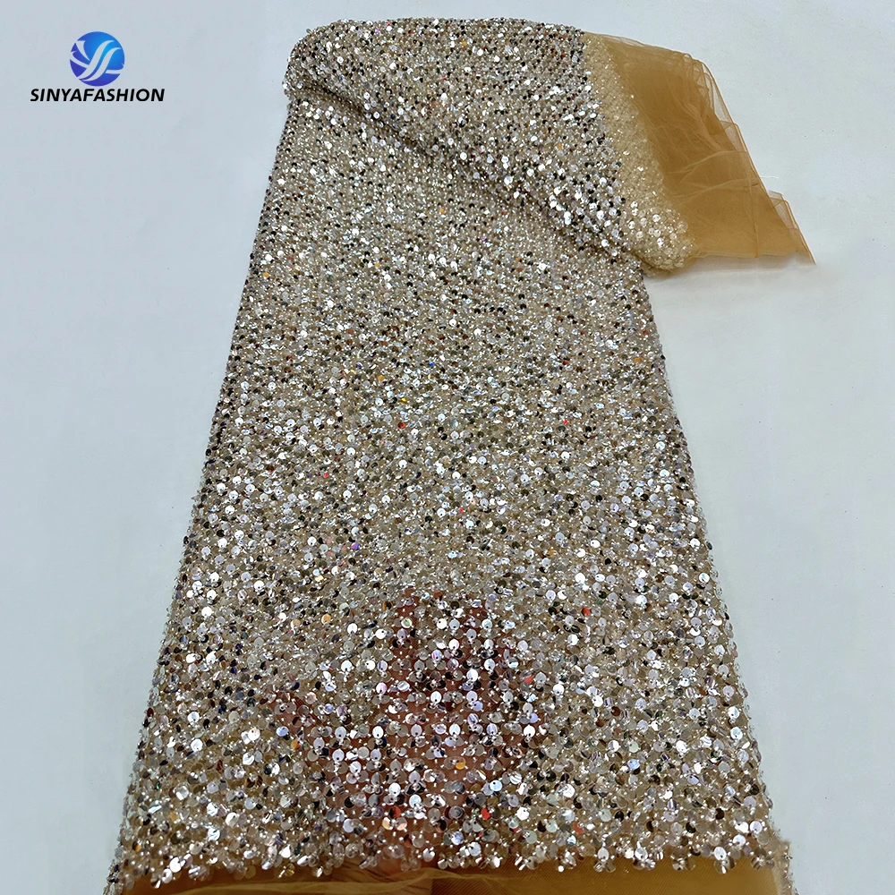 

Sinya Fully 3D Sequins French Tulle Lace New African Nigerian Lace Fabrics High Quality Luxury Beaded Bridal Wedding Dress Lace