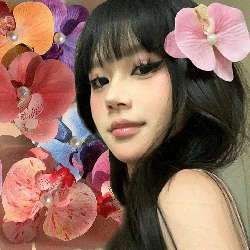 

Sweet Pink Orchid Flower Hair Clip Headdress Korean Pearl Flower Hairgrip Barrettes Ornament Bohemia Bridal Hair Accessories
