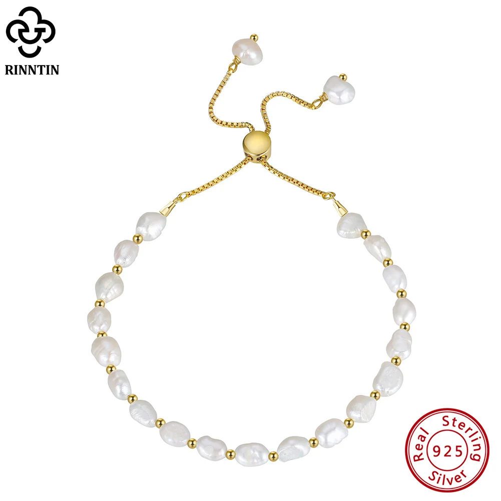 

Rinntin 925 Sterling Silver Pearl Link Chain Bracelet Fashion Dainty 14K Gold Culture Baroque Pearl Handmand Jewelry GPB09