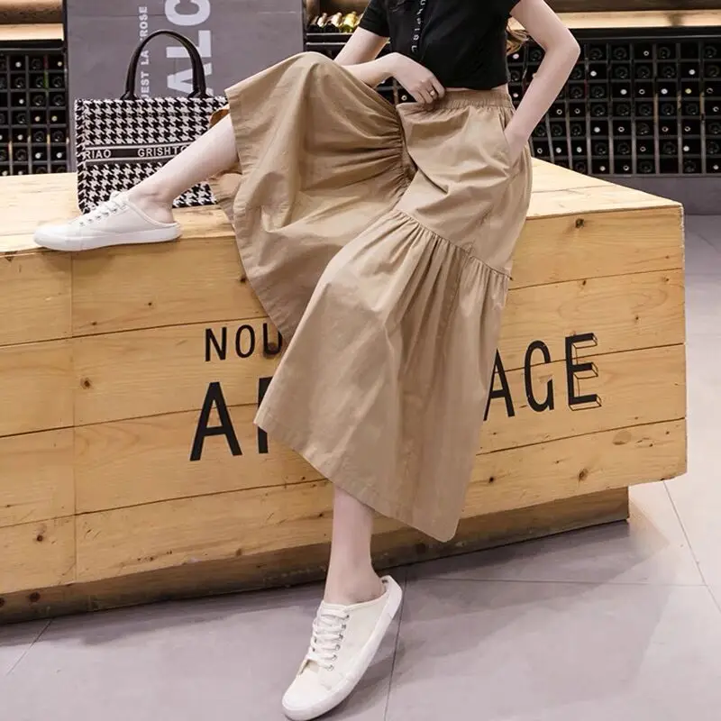Chic Side Pleated Design Pants Women Japanese Cargo Baggy Culottes Skirts Pants Wide Leg Streetwear Lady Summer Office Work Wear