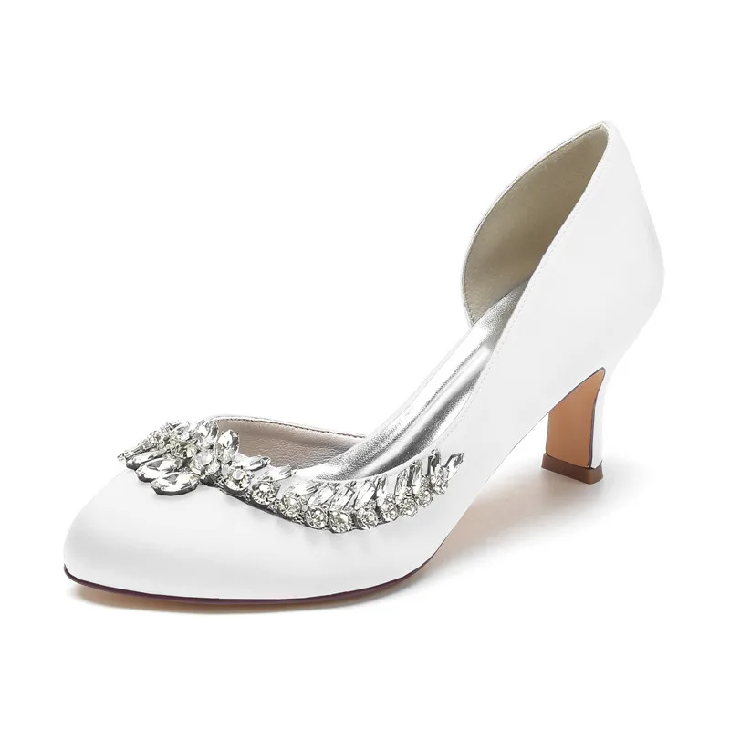 

Satin Rhinestones Wedding Shoes for Bride Mid Heel Round Toe Formal Party Women Dress Pumps Slip on Bridal Heels